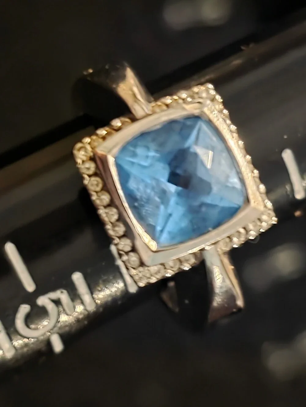 Blue Square-Cut Gemstone Halo Ring